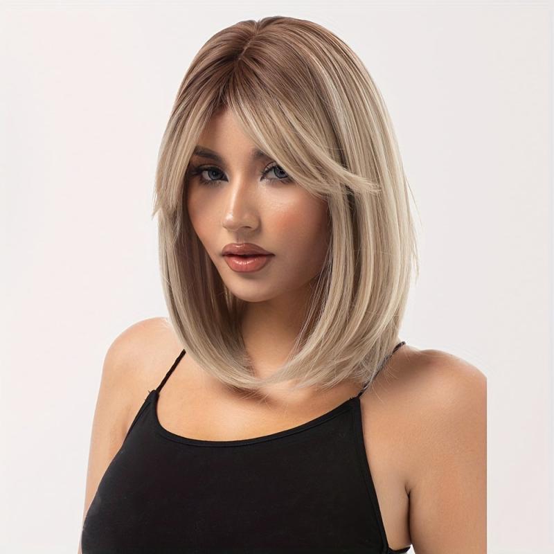 Brown Gray Shoulder Length Hair Wig with Bangs, Heat Resistant Fiber