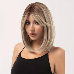 Brown Gray Shoulder Length Hair Wig with Bangs, Heat Resistant Fiber