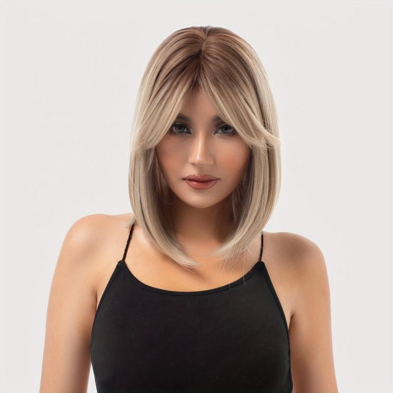 Brown Gray Shoulder Length Hair Wig with Bangs, Heat Resistant Fiber