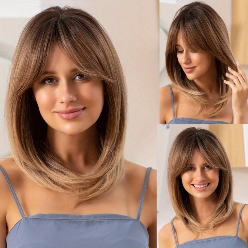 Brown Gray Shoulder Length Hair Wig with Bangs, Heat Resistant Fiber