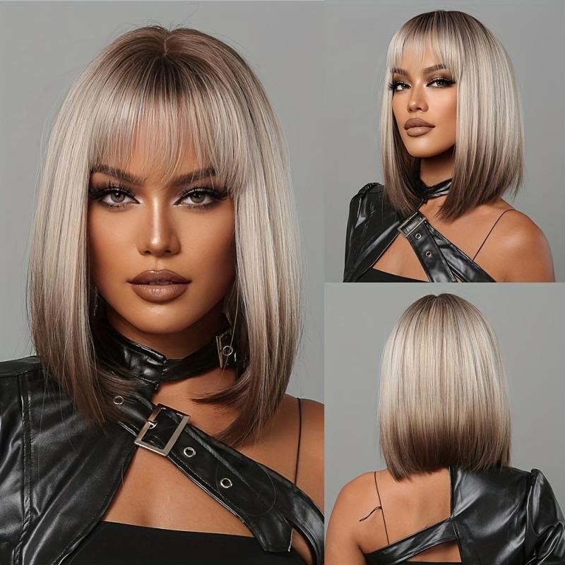 25 4 Cm Synthetic Short Bob Straight Wigs With Bangs Hair Replacement Wigs