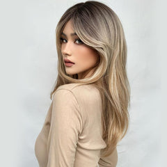 Long Straight Ombre Blonde Wigs with Bangs Heat Resistant Fibre