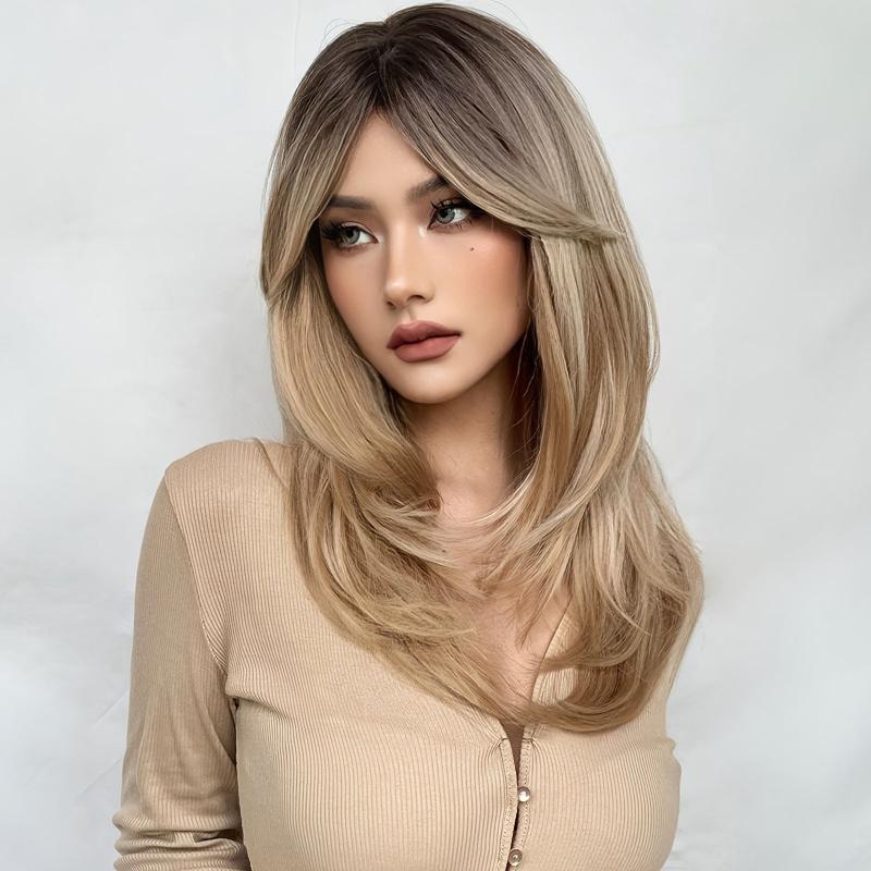 Long Straight Ombre Blonde Wigs with Bangs Heat Resistant Fibre
