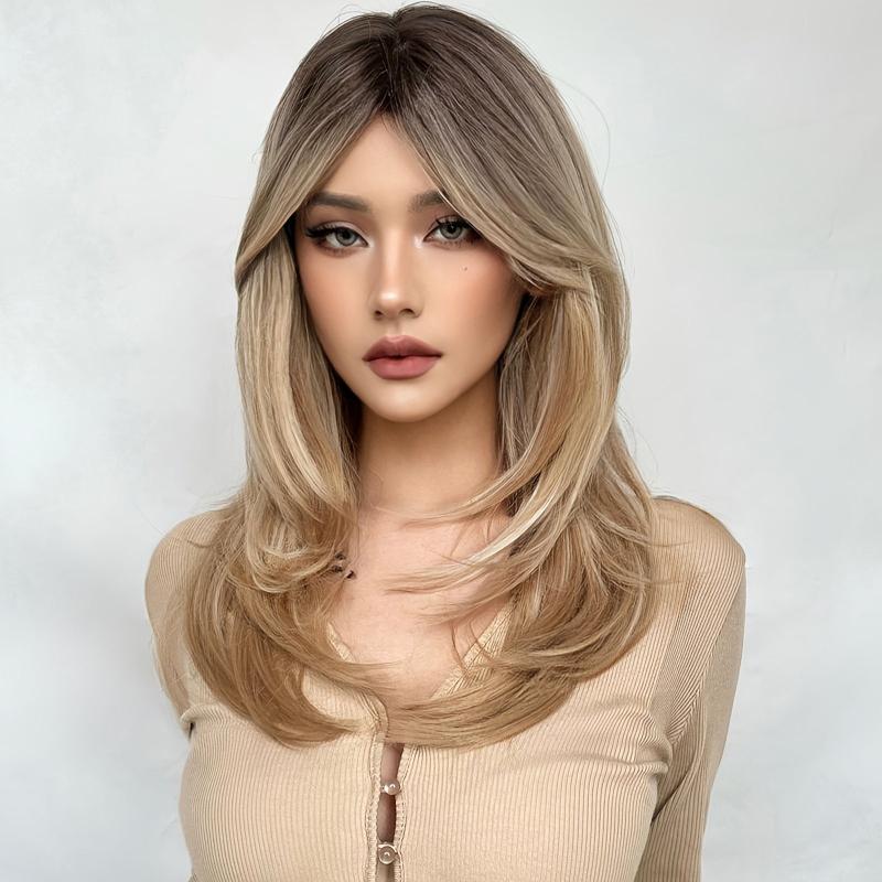 Long Straight Ombre Blonde Wigs with Bangs Heat Resistant Fibre