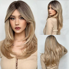 Long Straight Ombre Blonde Wigs with Bangs Heat Resistant Fibre