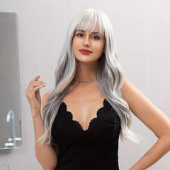 66 cm Long Wavy Gray Synthetic Hair Wig with Bangs