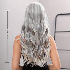 66 cm Long Wavy Gray Synthetic Hair Wig with Bangs