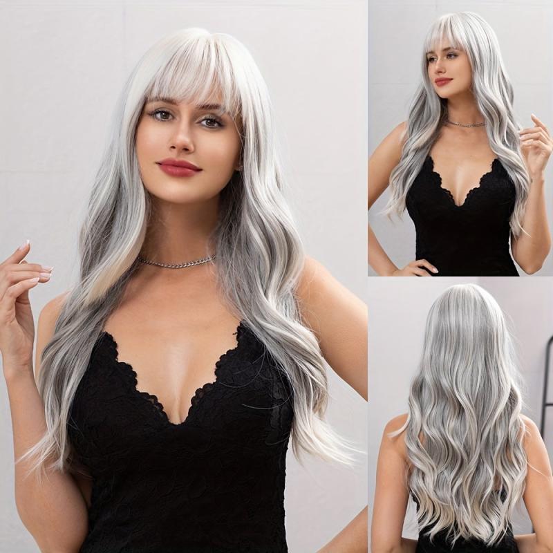 66 cm Long Wavy Gray Synthetic Hair Wig with Bangs