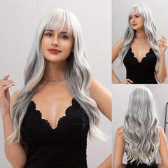 66 cm Long Wavy Gray Synthetic Hair Wig with Bangs