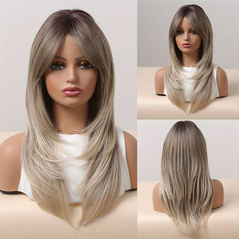 Blonde 55 88 Cm Long Straight Layered Wigs With Bangs