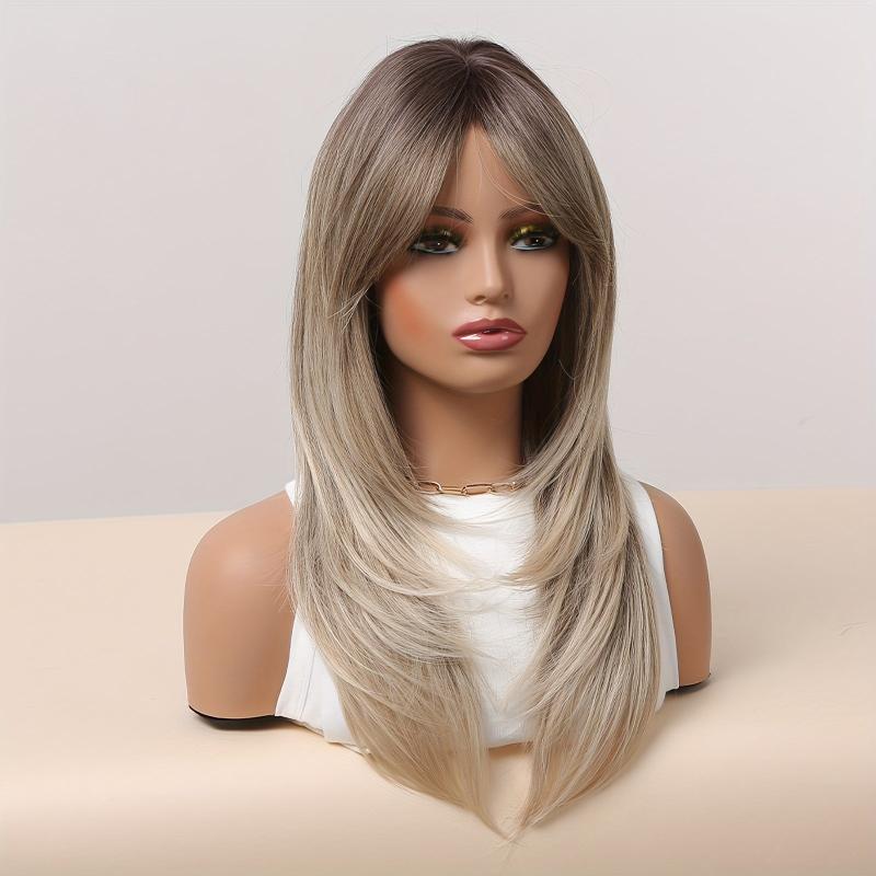 Blonde 55 88 Cm Long Straight Layered Wigs With Bangs