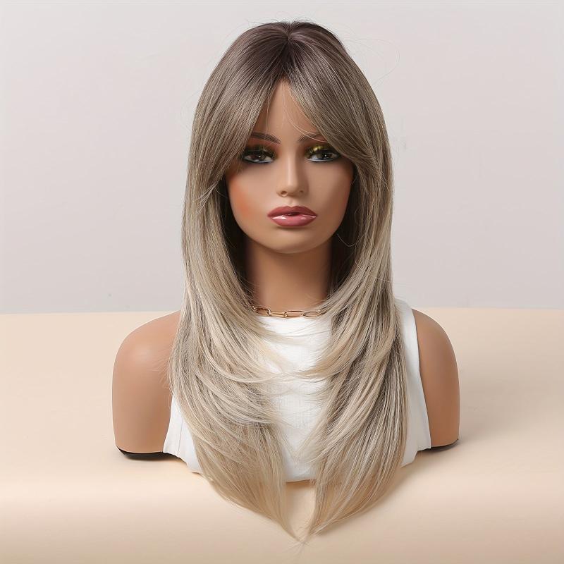 Blonde 55 88 Cm Long Straight Layered Wigs With Bangs