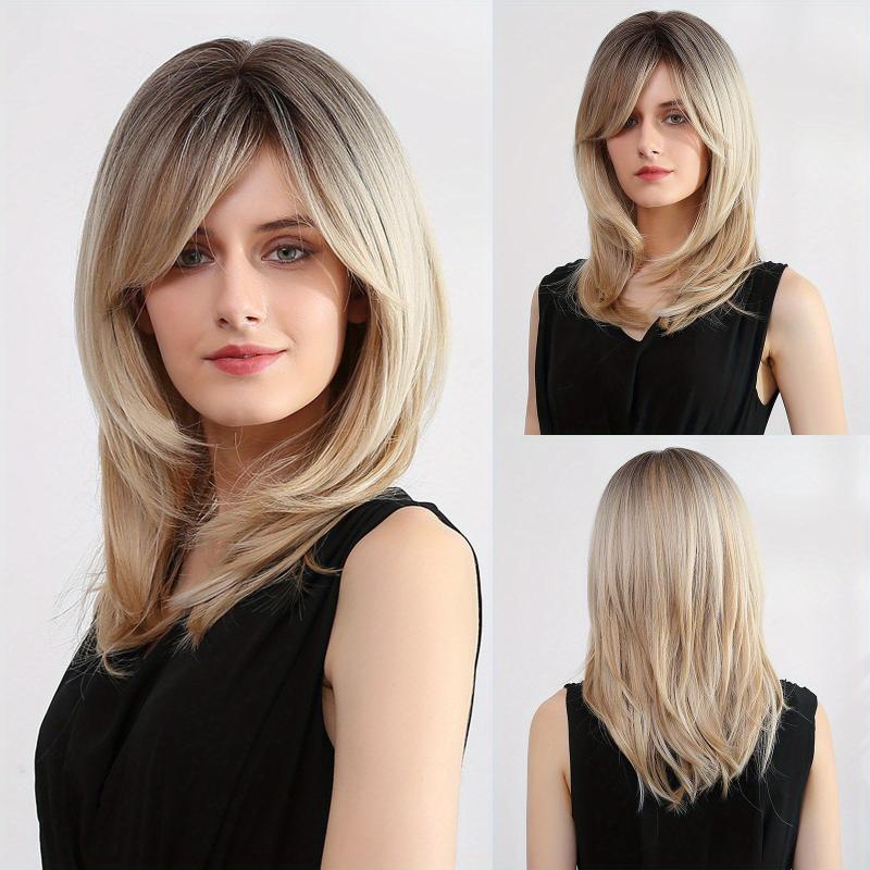 Blonde 55 88 Cm Long Straight Layered Wigs With Bangs