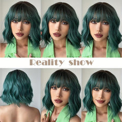 Green Synthetic Curly Wavy Wig Short Curly Wig With Bangs