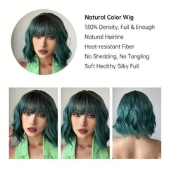 Green Synthetic Curly Wavy Wig Short Curly Wig With Bangs