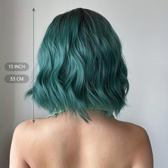 Green Synthetic Curly Wavy Wig Short Curly Wig With Bangs
