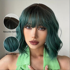 Green Synthetic Curly Wavy Wig Short Curly Wig With Bangs