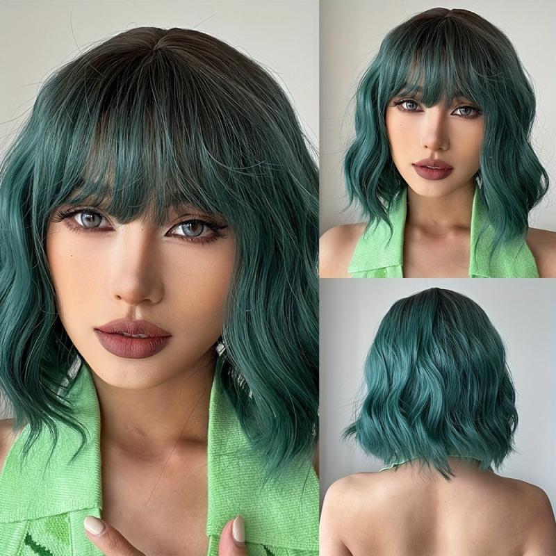 Green Synthetic Curly Wavy Wig Short Curly Wig With Bangs