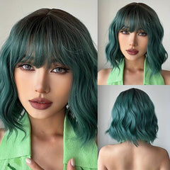 Green Synthetic Curly Wavy Wig Short Curly Wig With Bangs