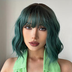 Green Synthetic Curly Wavy Wig Short Curly Wig With Bangs
