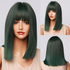 Green Synthetic Curly Wavy Wig Short Curly Wig With Bangs