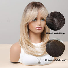 Short Ombre Blonde Brown Straight Bob Wigs For Women Layered Synthetic Hair
