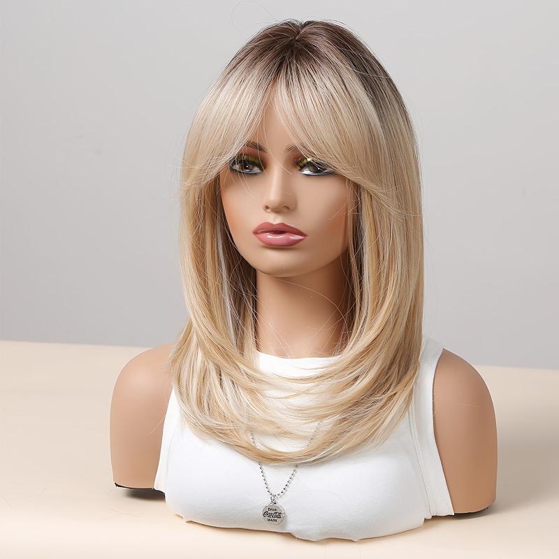 Short Ombre Blonde Brown Straight Bob Wigs For Women Layered Synthetic Hair