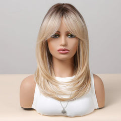 Short Ombre Blonde Brown Straight Bob Wigs For Women Layered Synthetic Hair