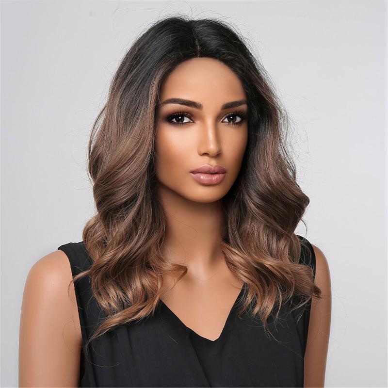 Short Curly Brown Ombre Bob Wig Middle Part