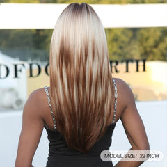 55 88 Cm Long Brown Blonde Ombre Straight Wigs with Middle Bangs