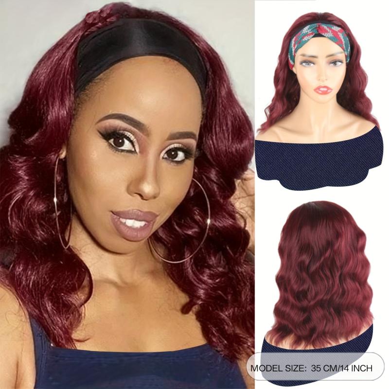Short Burgundy Wavy Headband Wig for Women - 35.56 Cm Curly Half Wigs