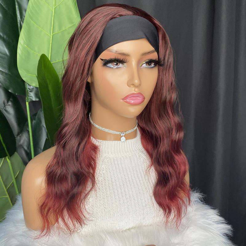 Short Burgundy Wavy Headband Wig for Women - 35.56 Cm Curly Half Wigs