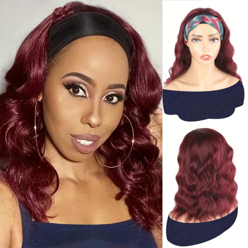 Short Burgundy Wavy Headband Wig for Women - 35.56 Cm Curly Half Wigs