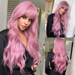 26 Inch Red Brown Curly Body Wave Hair Wigs With Bangs Synthetic Heat Resistant