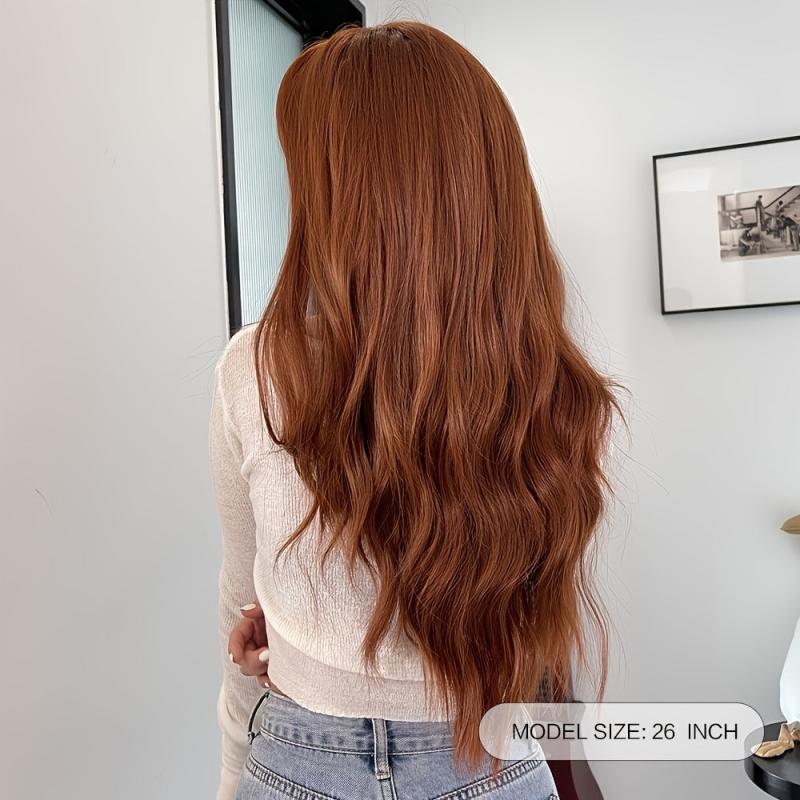 26 Inch Red Brown Curly Body Wave Hair Wigs With Bangs Synthetic Heat Resistant