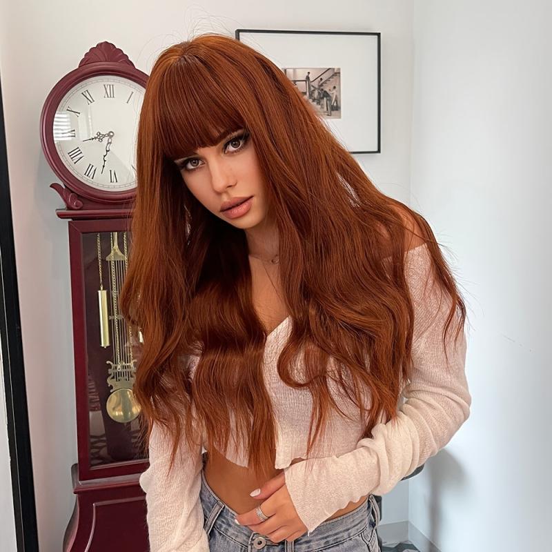 26 Inch Red Brown Curly Body Wave Hair Wigs With Bangs Synthetic Heat Resistant