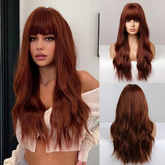 26 Inch Red Brown Curly Body Wave Hair Wigs With Bangs Synthetic Heat Resistant