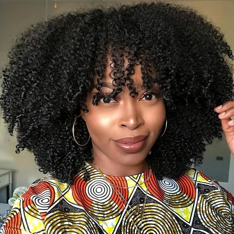 Afro Kinky Curly Synthetic Hair Wigs With Bangs Bouncy Soft Hair Wigs