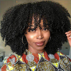 Afro Kinky Curly Synthetic Hair Wigs With Bangs Bouncy Soft Hair Wigs
