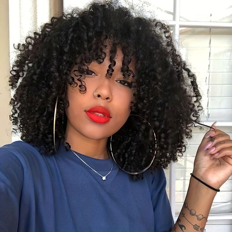 Afro Kinky Curly Synthetic Hair Wigs With Bangs Bouncy Soft Hair Wigs