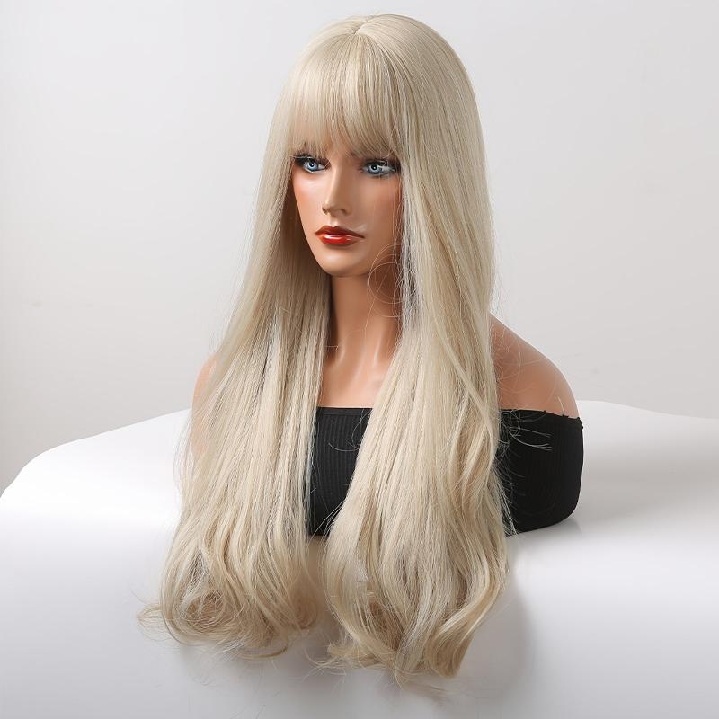 Long Blonde Wavy Wig with Bangs for Women Halloween