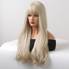 Long Blonde Wavy Wig with Bangs for Women Halloween