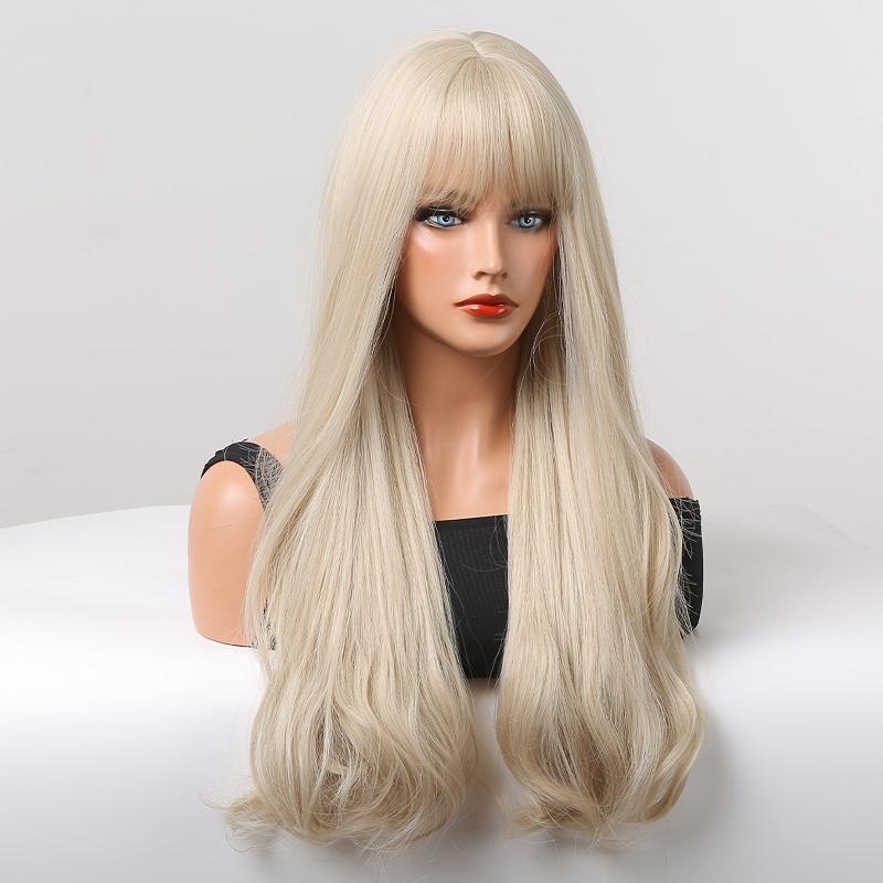 Long Blonde Wavy Wig with Bangs for Women Halloween