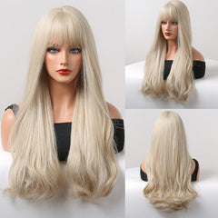 Long Blonde Wavy Wig with Bangs for Women Halloween