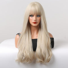 Long Blonde Wavy Wig with Bangs for Women Halloween