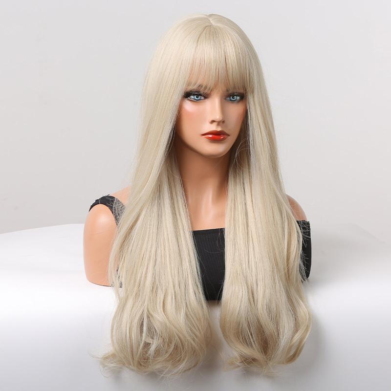 Long Blonde Wavy Wig with Bangs for Women Halloween