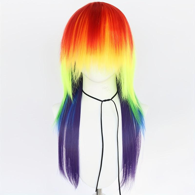 Rainbow Cosplay Wig Long Straight Layered Synthetic Hair Replacement & Wig Cap