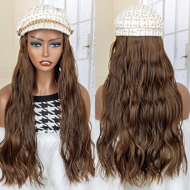 Curly Wavy Hair Wig with Beret Cap Synthetic Hair Replacement Women