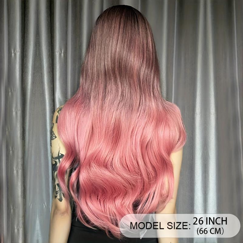 Long Wavy Curly Wig With Bangs Ombre To Pink Synthetic Wig 26 Inch