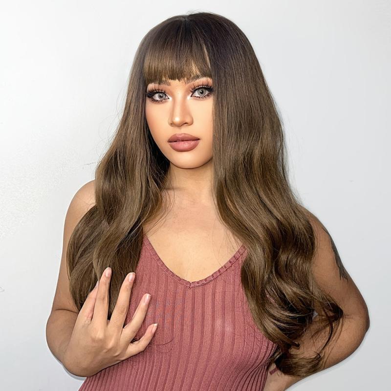 Long Wavy Curly Wig With Bangs Ombre To Pink Synthetic Wig 26 Inch